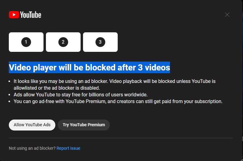 YouTube Warning for Ad Blocker Usage