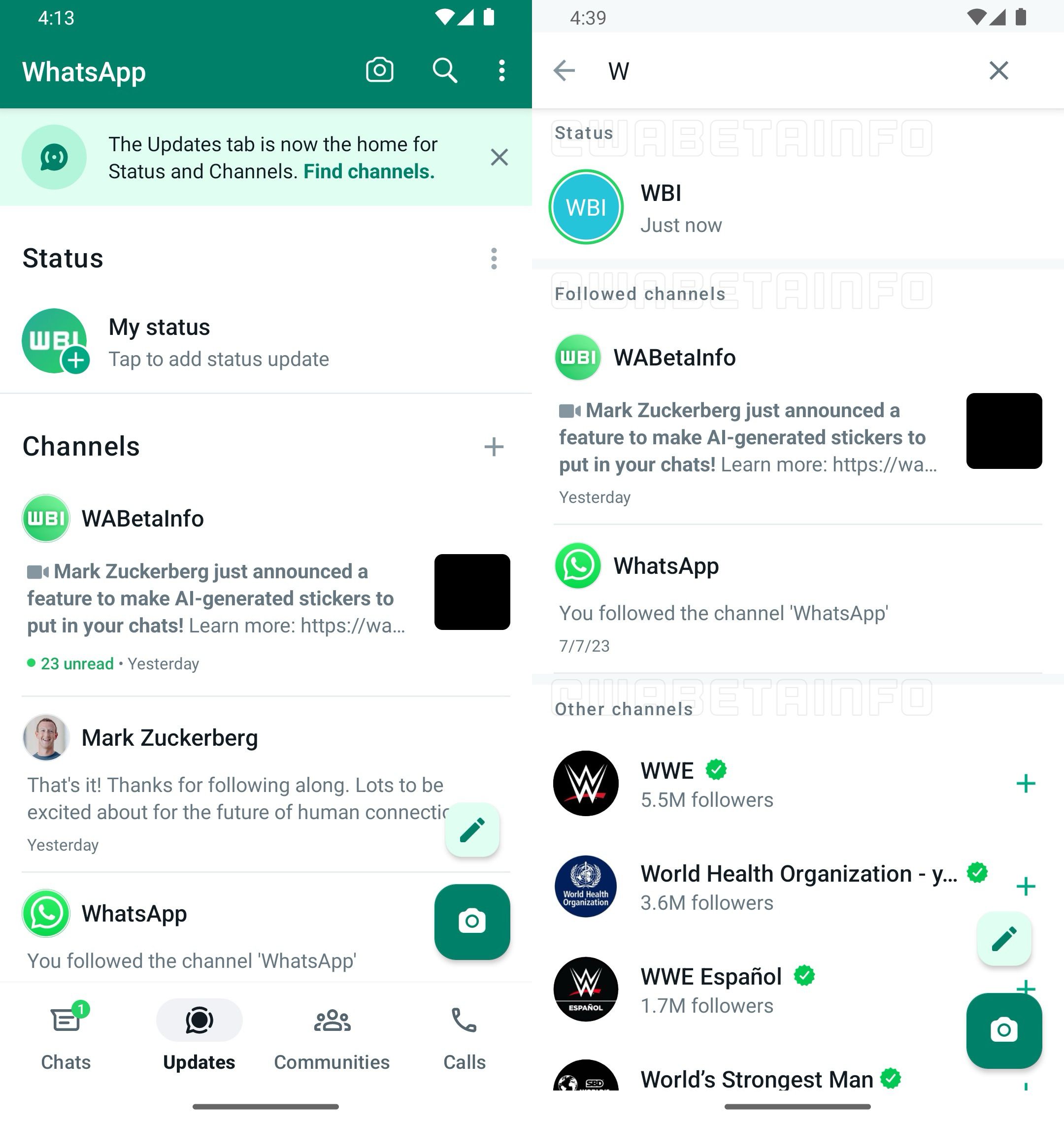 Search in WhatsApp Updates section